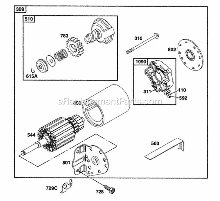 Electric Starter Diagram and Parts List for 221432-0145-05  Briggs and Stratton Engine